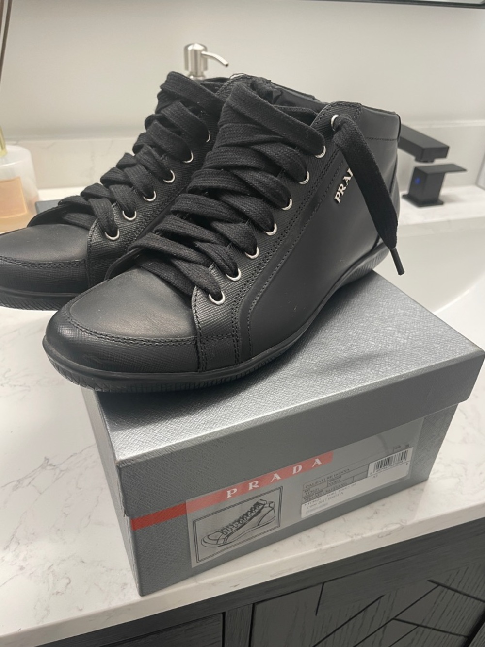 Prada Black Leather Lace-Up Ankle Booties